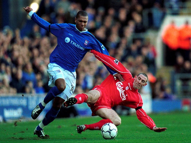 Marcus Bent of Ipswich battles for the ball with Stephen Wright of Liverpool during the FA Barclaycard Premiership match between Ipswich Town and Liverpool at Portman Road, Ipswich on February 9, 2002