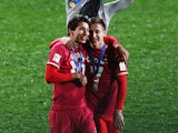 Marko Grujic of Serbia and Ivan Saponjic of Serbia celebrate after winning the FIFA U-20 World Cup Final match between Brazil and Serbia at North Harbour Stadium on June 20, 2015