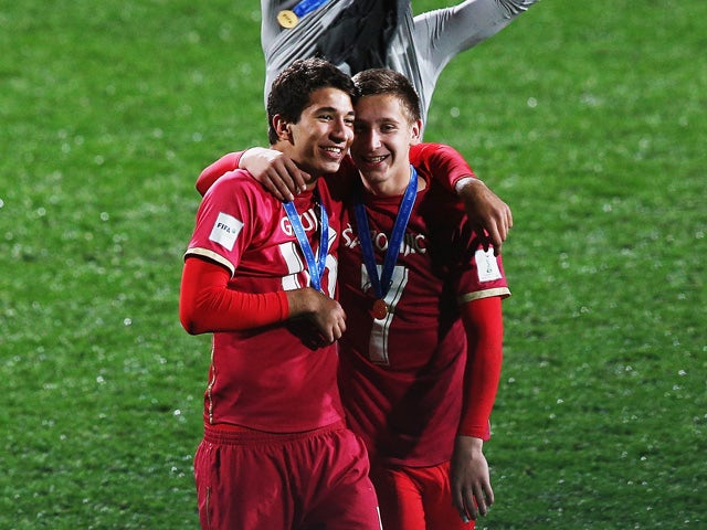 Marko Grujic of Serbia and Ivan Saponjic of Serbia celebrate after winning the FIFA U-20 World Cup Final match between Brazil and Serbia at North Harbour Stadium on June 20, 2015