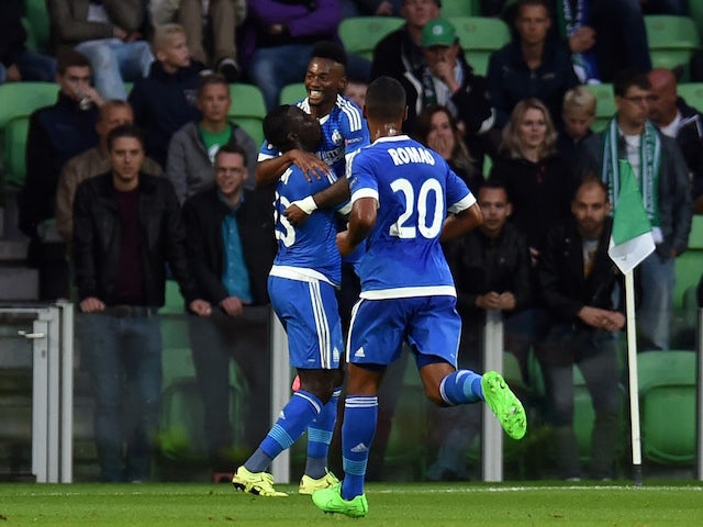 Marseille´s players celebrate during the UEFA Europe League Group F football match between FC Groningen and Olympique de Marseille at the Euroborg stadium in Groningen, Netherlands on September 17, 2015.