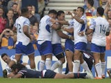 Samoa captain Ofisa Treviranus celebrates scoring his side's second try during the Rugby World Cup game with the USA on September 20, 2015