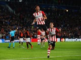 Hector Moreno of PSV Eindhoven celebrates as he scores their first and equalising goal during the UEFA Champions League Group B match between PSV Eindhoven and Manchester United at PSV Stadion on September 15, 2015