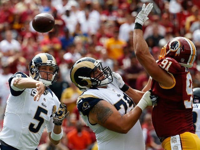 Quarterback Nick Foles #5 of the St. Louis Rams throws a first half pass against the Washington Redskins at FedExField on September 20, 2015 in Washington, DC.