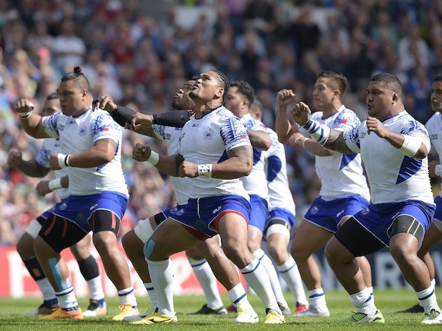 The Samoa team perform their Haka ahead of the Rugby World Cup game with the USA on September 20, 2015