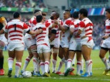 Jpaan players celebrate the try of Michael Leitch of Japan during the 2015 Rugby World Cup Pool B match between South Africa and Japan at the Brighton Community Stadium on September 19, 2015 in Brighton, United Kingdom