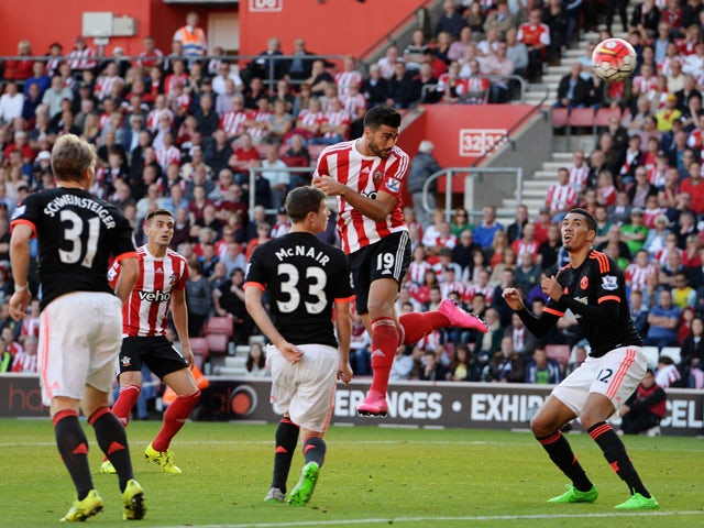 Graziano Pelle of Southampton (19) scores their second goal with a header during the Barclays Premier League match between Southampton and Manchester United at St Mary's Stadium on September 20, 2015