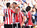 Graziano Pelle of Southampton (19) celebrates with team mates as he scores their first goal during the Barclays Premier League match between Southampton and Manchester United at St Mary's Stadium on September 20, 2015
