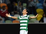 Sporting's Colombian forward Fredy Montero celebrates after scoring the equalizer goal during the UEFA Europa League group H football match Sporting CP vs Lokomotiv Moskva at the Jose Alvalade stadium in Lisbon on September 17, 2015