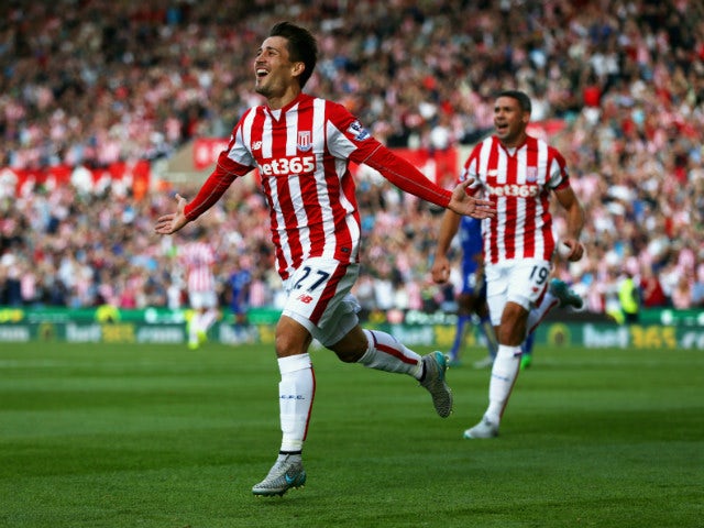 Bojan Krkic of Stoke City celebrates scoring his team's first goal during the Barclays Premier League match between Stoke City and Leicester City at Britannia Stadium on September 19, 2015 in Stoke on Trent, United Kingdom.