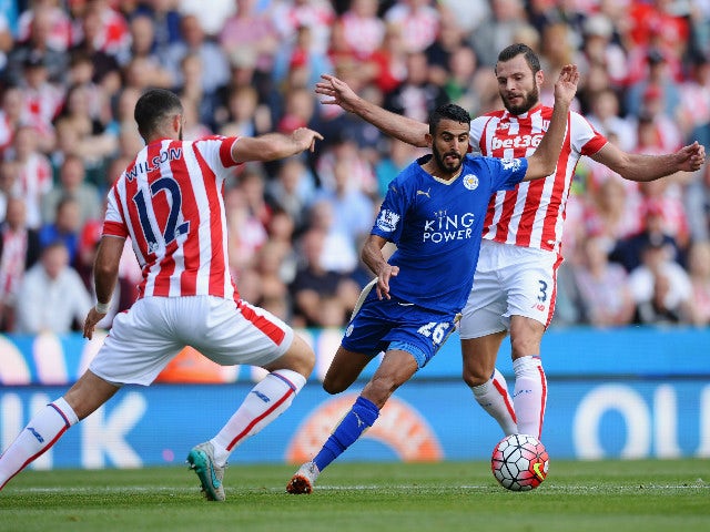 Riyad Mahrez of Leicester City and Marc Wilson of Stoke City compete for the ball during the Barclays Premier League match between Stoke City and Leicester City at Britannia Stadium on September 19, 2015 in Stoke on Trent, United Kingdom.
