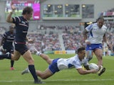 Samoa's Tim Nanai-Williams scores a try during the Rugby World Cup game with the USA on September 20, 2015