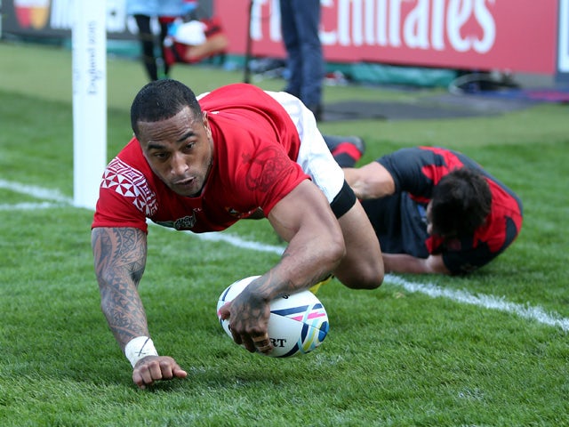 Fetu'u Vainikolo of Tonga scores a try against Georgia during the Group C: Rugby World Cup match between Tonga and Georgia at Kingsholm Stadium Stadium on September 19, 2015