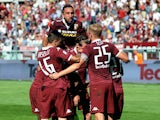 Quagliarella of Torino FC celebrates his second goal with his team players during the Serie A match between Torino FC and UC Sampdoria at Stadio Olimpico di Torino on September 20, 2015