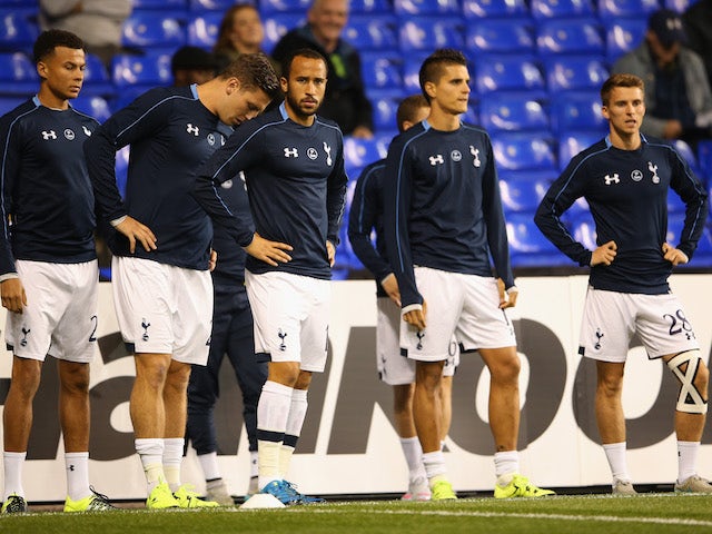 Andros Townsend of Tottenham Hotspur (C) looks on as the players warm up prior to the UEFA Europa League Group J match between Tottenham Hotspur FC and Qarabag FK at White Hart Lane on September 17, 2015 in London, United Kingdom.