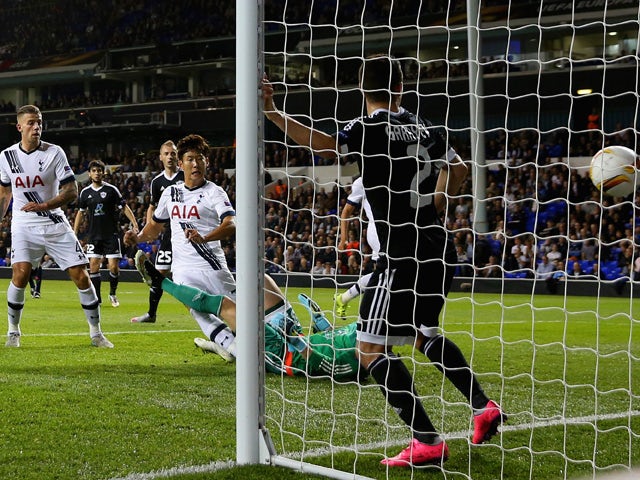 Son Heung-Min of Tottenham Hotspur scores their first goal during the UEFA Europa League Group J match between Tottenham Hotspur FC and Qarabag FK at White Hart Lane on September 17, 2015