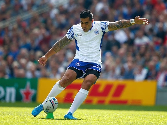 Samoa's Tusi Pisi kicks at goal during the Rugby World Cup game with the USA on September 20, 2015