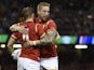 Wales' wing Hallam Amos (L) celebrates scoring Wales's fifth try during the Pool A match of the 2015 Rugby World Cup between Wales and Uruguay at the Millennium Stadium in Cardiff, south Wales, on September 20, 2015