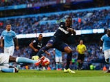 Diafra Sakho of West Ham United scores his team's second goal during the Barclays Premier League match between Manchester City and West Ham United at Etihad Stadium on September 19, 2015