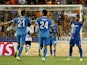 Zenit's Brazilian forward Hulk (R) celebrates his goal with teammates during the UEFA Champions League group H football match Valencia CF vs FC Zenit at the Mestalla stadium in Valencia on September 16, 2015