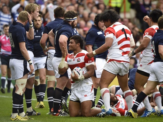 Amanaki Mafi celebrates scoring a try for Japan during the Rugby World Cup game with Scotland on September 23, 2015