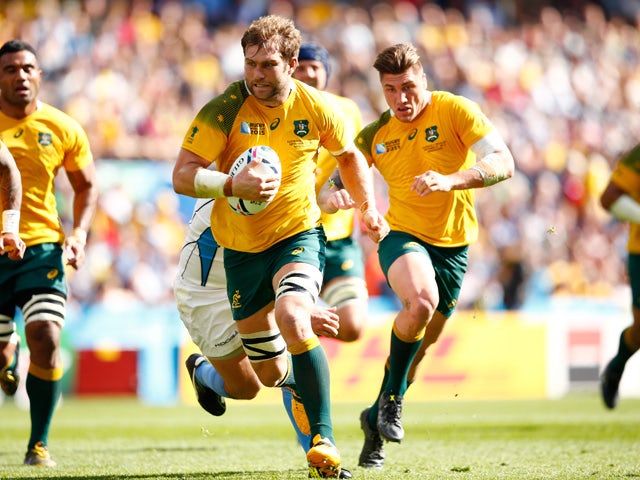 Ben McCalman of Australia runs in to score their fifth try during the 2015 Rugby World Cup Pool A match between Australia and Uruguay at Villa Park on September 27, 2015