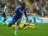 Chelsea's Brazilian midfielder Ramires celebrates after Willian's freekick goes straight into the net for Chelsea's second goal during the English Premier League football match between Newcastle United and Chelsea at St James' Park in Newcastle-upon-Tyne,