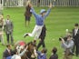 Frankie Dettori leaps off of Mark of Esteem after winning the Queen Elizabeth the II stakes during his unique achievment of winning all seven races on the card at Ascot in England