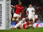 Gareth Davies scores a try for Wales during the Rugby World Cup game with England on September 26, 2015