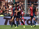 Tomas Rincon (L) and Nicolas Burdisso of Genoa CFC celebrate victory at the end of the Serie A match between Genoa CFC and AC Milan at Stadio Luigi Ferraris on September 27, 2015 