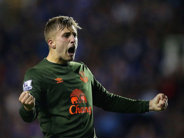 Gerard Deulofeu of Everton celebrates scoring the second goal during the Capital One Cup third round match between Reading and Everton at Madejski Stadium on September 22, 2015 in Reading, England. 
