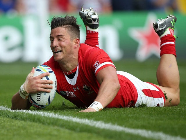 D. T. H. van der Merwe of Canada goes over for the opening try during the 2015 Rugby World Cup Pool D match between Italy and Canada at Elland Road on September 26, 2015 in Leeds, United Kingdom.