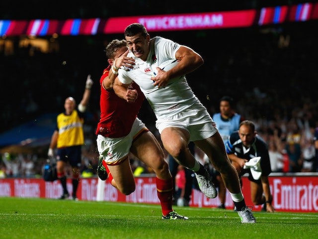 Jonny May scores the first try for England during the Rugby World Cup game with Wales on September 26, 2015