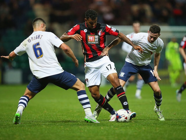 Joshua King of Bournemouth is closed down by Bailey Wright of Preston North End during the Capital One Cup third round match between Preston North End and AFC Bournemouth at Deepdale on September 22, 2015 in Preston, England. 