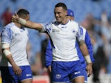 Samoa's scrum half Kahn Fotuali'i celebrates after a Pool B match of the 2015 Rugby World Cup between Samoa and USA at the Brighton community stadium in Brighton, south east England, on September 20, 2015.