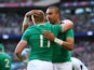 Keith Earls (L) of Ireland celebrates his teams second try with Simon Zebo during the 2015 Rugby World Cup Pool D match between Ireland and Romania at Wembley Stadium on September 27, 2015
