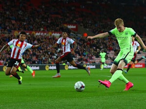 Kevin de Bruyne of Manchester City scores their second goal during the Capital One Cup third round match between Sunderland and Manchester City at Stadium of Light on September 22, 2015 in Sunderland, England.