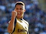 Alexis Sanchez of Arsenal celebrates scoring his team's fourth and his hat trick goal during the Barclays Premier League match between Leicester City and Arsenal at The King Power Stadium on September 26, 2015 in Leicester, United Kingdom.