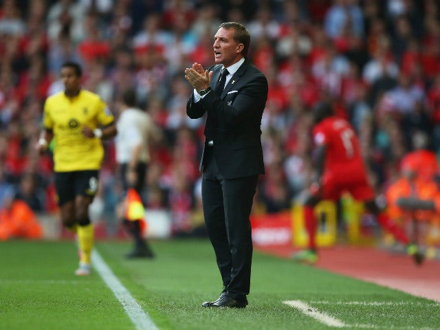 Brendan Rodgers, manager of Liverpool gestures during the Barclays Premier League match between Liverpool and Aston Villa at Anfield on September 26, 2015 in Liverpool, United Kingdom.