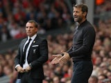 Aston Villa's English manager Tim Sherwood (R) and Liverpool's Northern Irish manager Brendan Rodgers instruct their teams during the English Premier League football match between Liverpool and Aston Villa at the Anfield stadium in Liverpool, north-west E