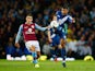 Michael Morrison of Birmingham City is marshalled by Ashley Westwood of Aston Villa during the Capital One Cup third round match between Aston Villa and Birmingham City at Villa Park on September 22, 2015 in Birmingham, England.