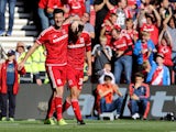 Middlesbrough's David Nugent celebrates with goalscorer of goal number three, Middlesbrough's Diego Fabbrini, during the Sky Bet Championship match between Middlesbrough and Leeds United at the Riverside on September 27, 2015