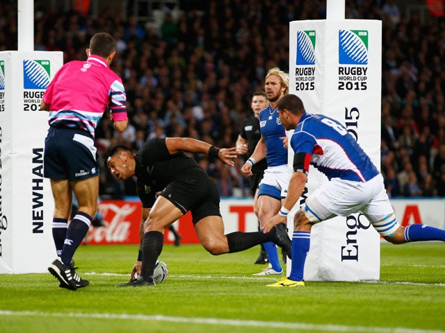 Malakai Fekitoa of the New Zealand All Blacks goes over to score his teams third try during the 2015 Rugby World Cup Pool C match between New Zealand and Namibia at the Olympic Stadium on September 24, 2015