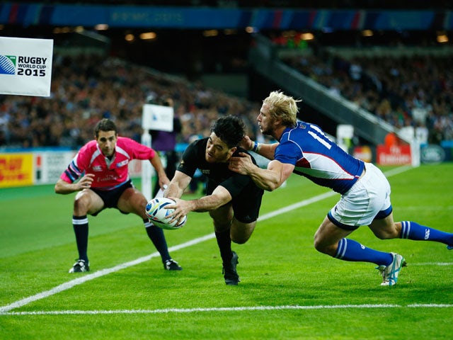 Nehe Milner-Skudder of the New Zealand All Blacks scores his teams fifth try during the 2015 Rugby World Cup Pool C match between New Zealand and Namibia at the Olympic Stadium on September 24, 2015
