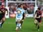 Nicolas Sanchez of Argentina makes a break during the 2015 Rugby World Cup Pool C match between Argentina and Georgia at Kingsholm Stadium on September 25, 2015