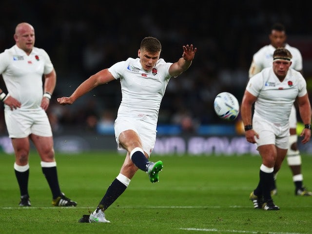 Owen Farrell kicks for England during the Rugby World Cup game with Wales on September 26, 2015