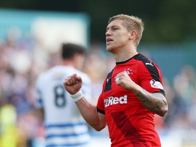 Martyn Waghorn of Rangers celebrates after he scores his second goal during the Scottish Championships match between Greenock Morton FC and Rangers at Cappielow Park on September 27, 2015