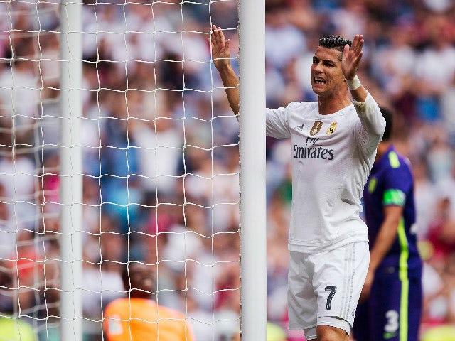 Cristiano Ronaldo of Real Madrid CF reacts as he fail to score during the La Liga match between Real Madrid CF and Malaga CF at Estadio Santiago Bernabeu on September 26, 2015 in Madrid, Spain.