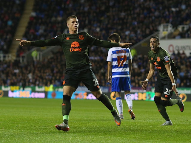 Ross Barkley of Everton celebrates scoring their first goal during the Capital One Cup third round match between Reading and Everton at Madejski Stadium on September 22, 2015 in Reading, England.