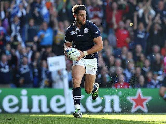 Sean Maitland of Scotland scores a try during the Rugby World Cup Pool B contest against the USA at Elland Road on September 27, 2015