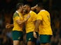 Sekope Kepu of Australia celebrates scoring his teams third try with team mates during the 2015 Rugby World Cup Pool A match between Australia and Fiji at the Millennium Stadium on September 23, 2015
